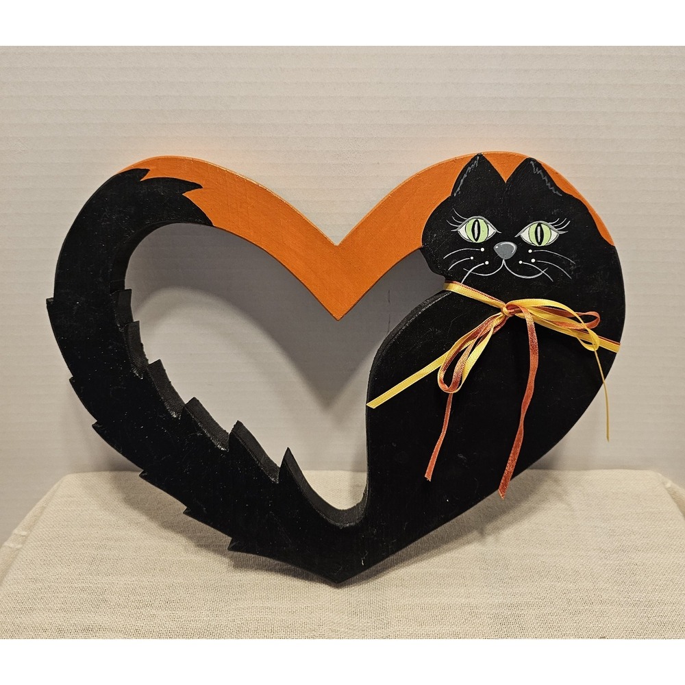 Vintage Handmade Hand Painted Wooden Halloween Black Cat Heart Wall Hanging...